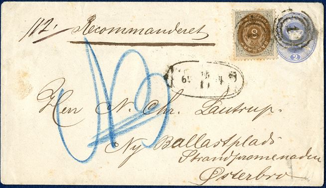 2 sk. stationery envelope uprated with 8 sk. bicolored III printing (one short perf) on registered foot post letter 15 October 1874, cancelled with numeral '1' and oval FP MARK and manuscript ledger no. '112' - paying 2 sk. local letter rate plus 8 sk. registration fee. A most unusual and rare local registered letter.