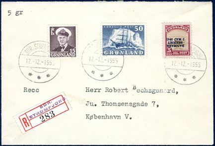 Registered letter from Sdr. Strømfjord 12 December 1955 to Copenhagen, Denmark. Franked with 5 øre DANMARK BEFRIET overprint INVERTED OVERPRINT and 15 øre Frederik IX and 50 øre Gustav Holm, cancelled with cds ‘SDR. STRØMFJORD 12.-12.-1955’ and registration label no. 283.