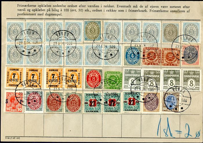Ombytningsblanket (stamp exchange form) with Danish stamps just prior to the introduction of The Faroe Islands own stamp issues from 30 January 1975. This form include two 4 sk. and one 8 sk. 1858 wavy-line imperforate, bicolored issues and stamps issued up to 1920’ies. Cancelled in ‘VAGUR 27.6.1974’, note that 1 sk. is counted as 2 øre. Very few such forms has been recorded.