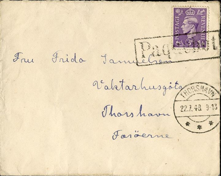 Letter posted aboard the ship in Edinburgh and sent to Thorshavn bearing a British 3d stamp, tied by boxed “Paquebot” and “THORSHAVN 22.7.48 9-13” arriving mark.
