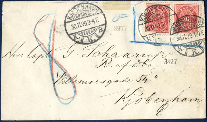 Envelope with pair 10 aur Oval type Icelandic issue sent locally within Copenhagen 30 November 1899. The pair 10 aur oval perforation 12¾ cancelled with cds ‘KJØBENHAVN KKB 30.11.99.3-4E’ framed framed with blue crayon and ‘O=’, charged double 4 øre Danish local rate, due 8 øre by addressee. The letter is sent by the company Thor. E. Tulinius company in Copenhagen, likely the letter was intended to be sent from Iceland, but did not happen, but sent from Copenhagen instead. A very unusual cover with ‘fraudulent’ use of the Icelandic stamps in Copenhagen.