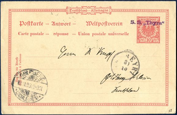 German Reply postcard from Reykjavik 30 October 1893 to Goldberg, Schlesia, Germany. Reply side 10 PF REICHSPOST cancelled with ‘S.S. „THYRA“ ‘ line mark in violet ink, on back stamped grotesque type ‘SAUDÁKROKUR 25/10’ and Edinburgh 1-ring cds ‘EDINBURGH NO10 98’ and manuscript ‘Thyra – Reykjavik’, receving cds ‘GOLDBERG *8(SCHLESIEN)* 12.11.93.2-3N.’. A very rare and unusual ship cancellation used on a German DR reply card.