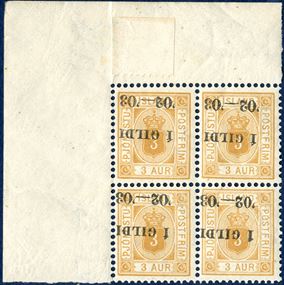 Official 3 aur perforation 12¾ with INVERTED overprint Í GILDI ’02-’03, block of four mint never hinged with corner sheet margin, margin with hinge remnants (FACIT TJ21bv1) and small piece of sheet margin affixed on above pos. 1 in the sheet margin.