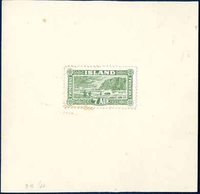 7 aur green Views and Buildings approved colour proof affixed on cardboard paper. The perforation is different here with line perforation 11½, the issued stamps is with comb perforation 14 x 14½. Only recorded.