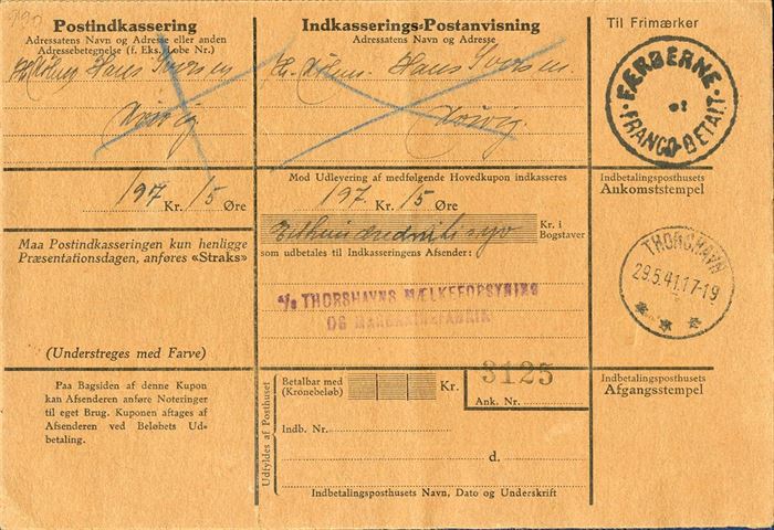 Postal COD (Cash On Delivery) on complete form for 197,15 Dkr. sent from Thorshavn to Kvivig. Due to the shortage of stamps during WWII, the provisional stamp “FÆRØERNE - FRANCO BETALT” were applied and postage paid in cash, here paid 60 øre for COD from 100-300 dkr. Not paid by the addressee and therefore the entire form returned to Thorshavn where it arrived 7 June 1941.