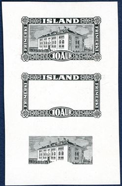 Imperforate black print with 10 aur, 10 aur frame and building center of the Views and Building issue, small paper fold to the right of the frame print. A very rare set printed on one piece of paper.