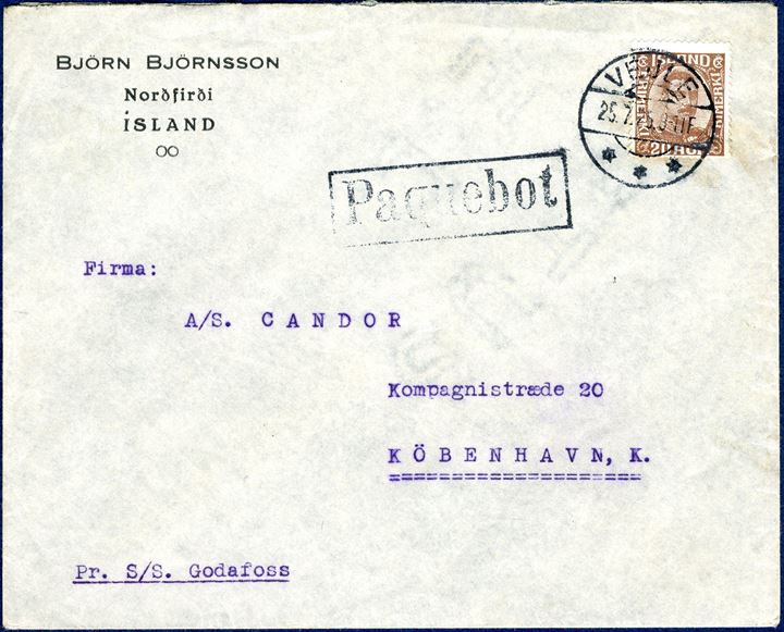 Envelope from Nordfirdi, Iceland 25 July 1925 to Copenhagen, Denmark. 20 aur brown King Christian X cancelled with Danish cds ‘VEJLE 52.7.25 9-11F’ alongside rectangular framed ‘Paquebot’ and noted ‘Pr. S/S. Godafoss’. The Icelandic letters arriving on board ships sailing to Vejle were all horse shipment’s, carrying also the postal mail to Denmark. Horsetrader Carl Sørensen imported the horses and the last known date with these ships from Iceland is 25 July 1925, first of these ships arrived 1920 in Vejle.