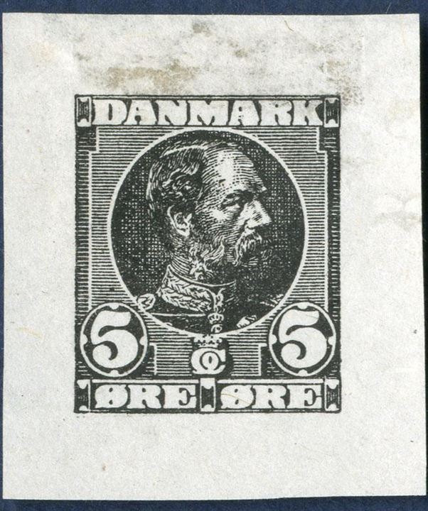Die in black of King Christian IX 5 øre denomination on thin paper, designed by Hans Tegner. Note the many engraving lines in the face which do not appear on the original issue.