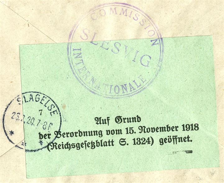 Registered letter sent from Osterterp near Apenrade to Slagelse 21 February 1920, bearing a 3-strip 20 pf blue tied by Apenrade CDS, alongside Registration label “Osterterp No. 72” and on top stamped “Apenrade” 1-line mark. Censor label on back tied by the large 45 mm commission stamp “COMMISSION - INTERNATIONALE - SLESVIG” and Slagelse arriving CDS on reverse.