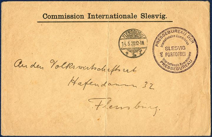 Official letter free of postage sent within Flensburg 14 May 1920. Stampless envelope and stamped with the cachet ‘PRESSEBUREAU DER / Internationalen Commission –Den Internationale Kommissions / PRESSEBUREAU – SLESVIG PORTOFREI’.