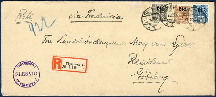 Registered letter sent by the member of CIS commission, Oscar von Sydow, Chief of Göteborg from Flensburg 1 April 1920 to Göteborg, Sweden. Franked with CIS overprint 2½ Pf, 7½ pf and 20 Pf tied by datestamp FLENSBURG 1.4.20 9-10N. Registration label ‘R Flensburg 1. NO. 119’ and cachet of ‘COMMISSION INTERNATIONALE / SLESVIG’, letter inside with official letter header of the commission.