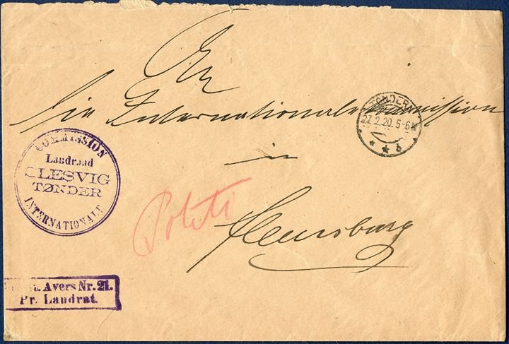 Official letter from Tondern 27 February 1920 to Flensburg, Germany. Sender’s cachet  COMMISSION INTERNATIONALE / LANDSRAAD SLESVIG TØNDER, scarce cachets on letters. Avers. Nr. 21 / Pr. Landsrat’