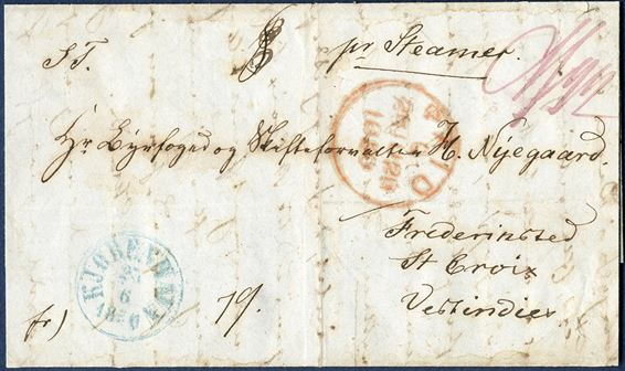 Prepaid entire from Copenhagen 23 June 1850 to Frederiksted, Danish West Indies. Paid 79 sk. in cash and noted ‘8’ top middle for 8 sk. late delivery fee between 1-2 hours after closing hours at the Copenhagen post office. British postage share 1/4d, London transit mark on front.  