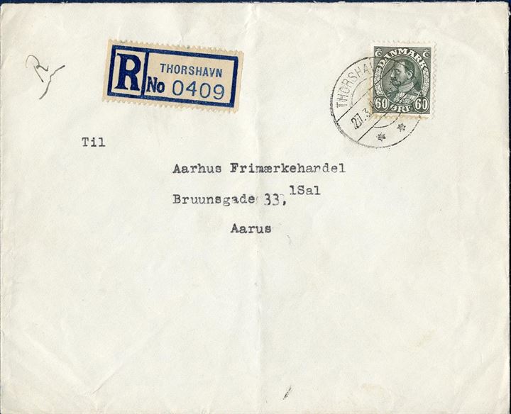 Registered letter sent from Thorshavn to Aarhus 27 March 1946, with British registration label No. 0409.