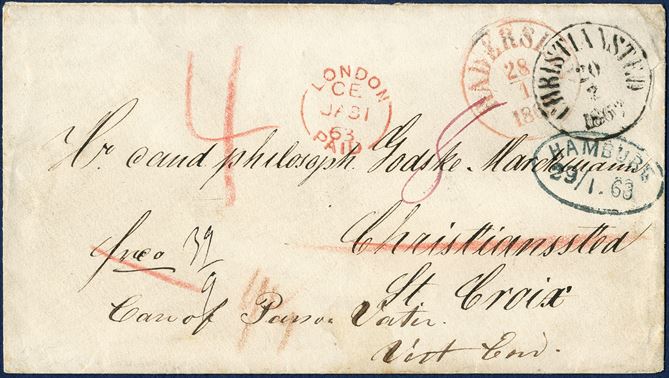 Prepaid envelope from Haderslev 18 January 1863 to Christiansted, Danish West Indies. Paid 48 sk. with 39/9 sk. foreign/Danish share of the postage. Hamburg transit, London transit and Christiansted date stamps on front, and red crayon ‘4’ cents for local delivery in DWI. 