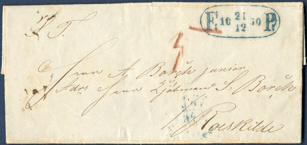 Entire sent from Christianhavns Caserne 21 December 1850 to Roskilde. Footpost cancellation Skilling 5 OVA-1 ‘F: 10 21/12 50 P:’ and on reverse Antiqua III ‘KJØBENHAVN 21/12 1850’ both in bluish green ink. Letter list ‘6 – 3’, no. 6 on the list and rate 3 sk. to Roskilde, in Roskilde 2 sk. local carrier’s fee, total due red crayon ‘5’ charged on front. Footpost letter sent to other cities in Denmark are quite unusual.