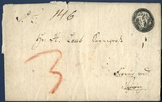 Entire with inside dating Kiøbenhavn 7 March 1807 to Frørup, south east of Nyborg. ‘1-3’ noted on the back referring to the number on the letter list, Footpost letter list ‘146’ noted on the front, charged 3 sk. in red crayon for delivery by addressee. Postmarked ‘FP’ cancellation type 1, rarely found on letters sent to other cities in Denmark. 