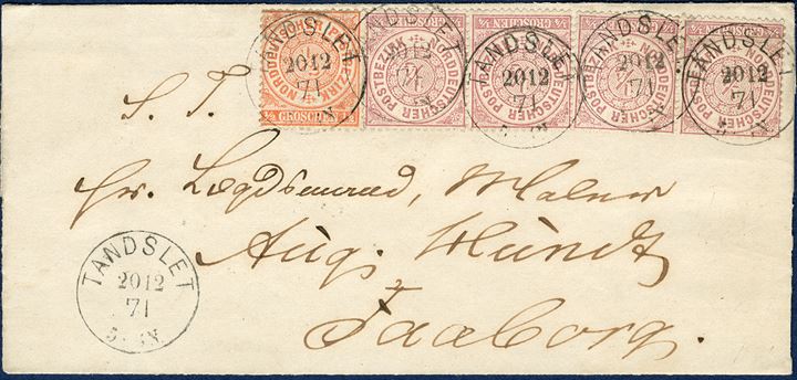 Lettersheet from Tandslet 20 December 1871 to Faaborg, Denmark. ½ Groschen and four ¼ Groschen NDP tied with upright Prussian 1-ring TANDSLET 20/12 71 5-6N, reception mark FAABORG on reverse. The rate from Slesvig-Holsten to Denmark for a single rate letter was from 1.5.1868 – 31.12.1874 1½ Groschen.