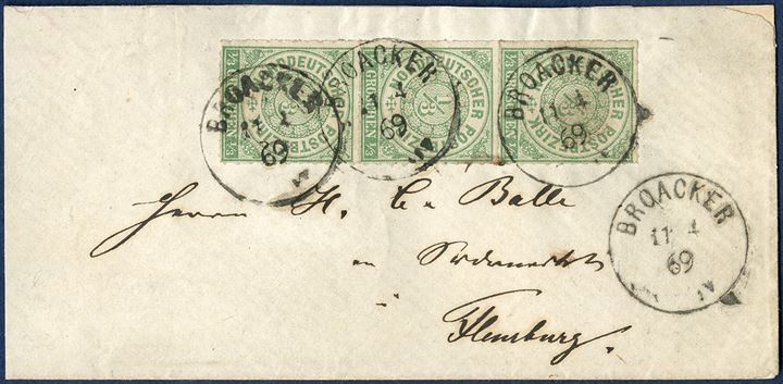 Envelope from Broager 11 April 1869 to Flensburg. Three 1/3 Groschen NDP tied with upright Prussian 1-ring BROACKER 11/4 69, reception mark AUSG. 11/4 No. 2 on reverse. The rate for a single rate letter was 1 Groschen.