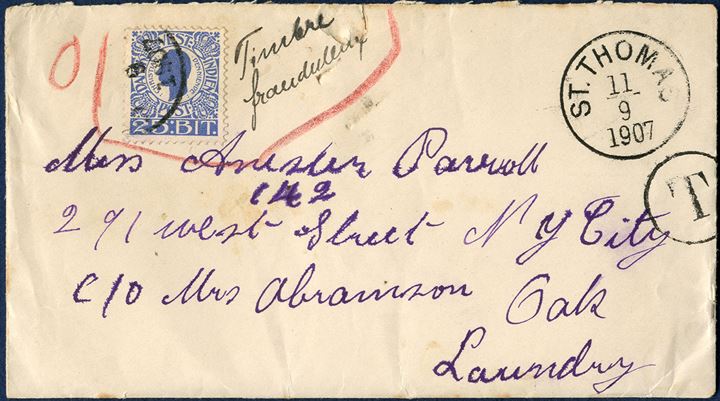 Envelope from St. Thomas 11 September 1907 to N. Y. City, USA. Fraudulent letter because the sender has affixed a previously used King Christian IX 25 BIT adhesive. Endorsed ‘Timbre Frauduleux’ and circled with red crayon. A report form ‘Formular Nr. 120.’ was filled out and forwarded together with the fraudulent letter to the addressee under official mail service, the letter also taxed due for the insufficiently franking. As sender's addressee wasn't apparent on the envelope, the letter was forwarded. Only two such forms has been recorded from the Danish West Indies.