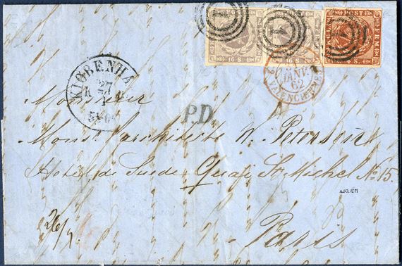 Letter from Copenhagen 27 January 1862 to Paris, France. Pair 16 sk. 1857 and 4 sk. 1858 wavy-line spandrels tied by numeral 1 COPENHAGEN, datestamp KIØBENHAVN KB 27/1 and red transit TOUR T – VALENCIENNES 2 1 JAVN 62, on reverse KDOPA HAMBURG and HAMBURG T&T. Rate note ’26 / 9’ with 9 sk. Danish share and 26 sk. foregin share. Postal rate 35 sk. to France from 26.3.1860 – 31.3.1862, inevitably overfranked by 1 sk. since a 1 sk. Danish stamp never was issued. A very beautiful and rate letter.