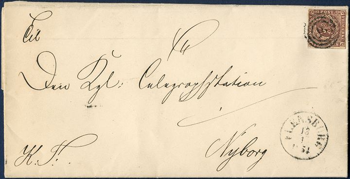 Telegrafed message from Berlin 13 January 1854 to Flensburg. Message sent by letter from Flensburg to Nyborg 13 January Klk 11 F: 40 M, Aaret 1854 as Royal Service, postage 4 RBS Thiele II, cancelled with numeral 16 and datestamp FLENSBURG 13.1.1854. From Nyborg message telegraphed to Copenhagen 15 January, commenced 9 T 17 M, Endt 9 T 25 M, signed Pihl. Telegraph form ØRESUNDSLINIEN  from Flensburg 19 January Klk 11 F: 40 M, Aaret 1854 to Nyborg. Two red waxseals TELEGRAFSTATIONEN FLENSBURG, and sealed another time with TELEGRAFSTATIONEN NYBORG. The telegraph service ØRESUNDSLINIEN is opened 2 February 1854.