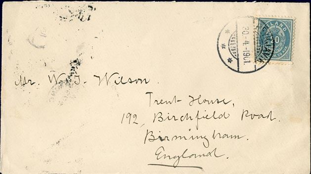 Letter sent from Reykjavik to Birmingham 30 April 1901, bearing a 20 aur blue II. printing 1898 tied by swiss-type CDS “Reykjavik”. On reverse Edinburgh transit and  Birmingham receiving mark. One short perf. tooth at lower right corner.