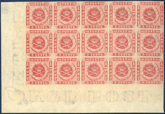 3 cents 1866 imperforate, unused, multiple of 15 with full sheet margin and clearly visible watermark in the margin. Pos. 71-75, 81-85, 91-95 in the sheet.