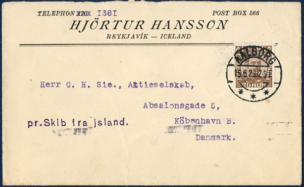 Letter from Reykjavik June 1923 to Copenhagen, Denmark. 20 aur brown King Christian X cancelled on arrival with cds AALBORG 15.6.23 12-5E and ship letter origin 'pr. Skib fra Island.' with reception mark KJØBENHAVN 2 OMB. 16.6.23 B.  An extremely rare ship letter cancellation, very fresh and every aspect of this letter in superb condition.