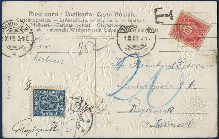 Insufficiently franked 10 øre Postcard sent from Trondhjem via Leith to Reykjavik. Charged 20 øre due, for which amount a Two Kings 20 aur (1907) stamp were affixed in Reykjavik and tied by “Reykjavik 11.11.09” CDS. Iceland did not have any postage due stamps and instead ordinary stamps were used instead, and these usages are quite scarce.