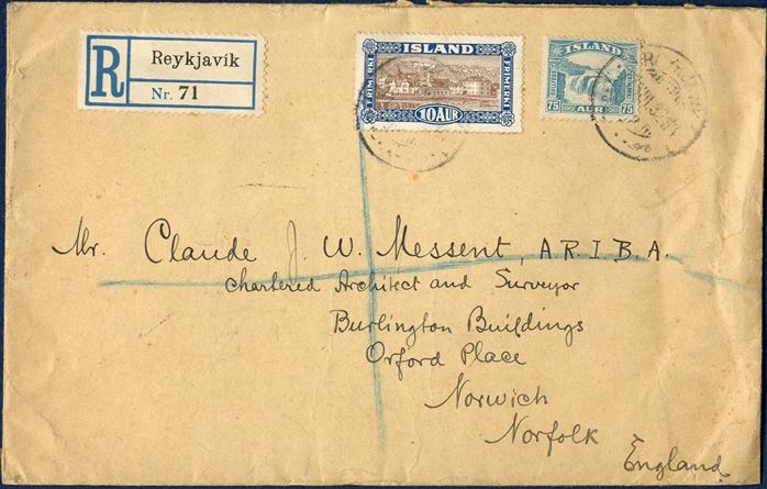 Registered 2nd rate letter sent from Reykjavik to Norwich 17 August 1932 bearing a 10 aur “Views & Building” issue and 75 aur Gullfoss issue, paying 55 aur for up to 40 gram and 30 aur registration fee, total 85 aur. 