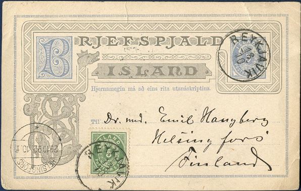 5 Aur Postal card “BRJEFSPJALD” 1879-issue, Schilling 1, type C, sent from Reykjavik to Helsingfors, Finnland. Add. franked with 5 aur green 1882-issue perf. 14 x 13 1/2 paying for 10 aur foreign post card rate. One of only two recorded letters sent to Finland with the Oval issues.