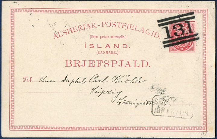 10 aur Postal card “BREJFSPJALD” 1880-issue, Schilling #3 sent from Iceland to Leipzig. Posted aboard the ship that handed over the letter in Granton for onward postal service. Stamped numeral “131” alongside octagonal “SHIP LETTER - GRANTON”. Rare and unusual stamped postal card.