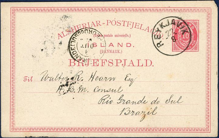 10 aur Postal card “BREJFSPJALD” 1880-issue, Schilling #3 sent from Iceland Rio Grande do Sul, Brazil. Sent from the British Consulate in Reykjavik 20 August 1894, with Rio Grande do Sul receiving mark on front, 1 October 1894. Only recorded 10 aur card to Brazil. Two other stationery cards are recorded to South America; one 5 aur and one 8 aur card uprated with stamps  from Iceland, only three recorded.