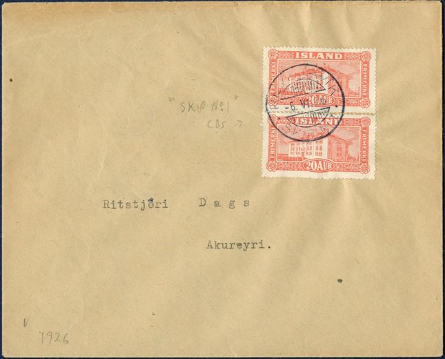 Letter sent from Reykjavik to Akureyri 5 June 1926 bearing two 20 aur National Library building tied by the ship ESJA CDS “REYKJAVIK SKIP Nr. I”, correct 40 aur postage 2nd letter rate up to 125 gram.