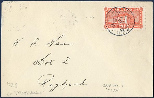Letter sent from Seydisfjörur to Reykjavik 5 November 1928 bearing a 20 aur National Library building tied by the ship ESJA CDS “REYKJAVIK SKIP Nr. I”, correct 20 aur franking.