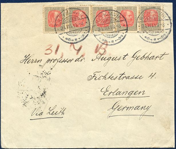 Letter sent from Reykjavik to Erlanger, Germany 24 July 1913 bearing 5-strip of 4 aur King Chr. IX, tied by Reykjavik CDS. Envelope slightly cut down above and right side.