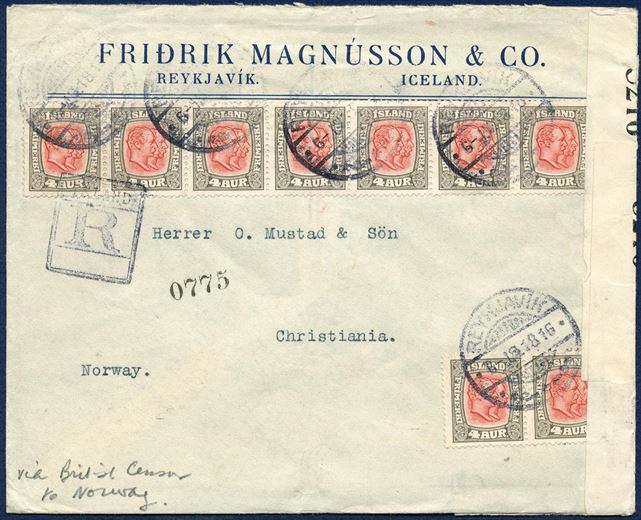 Registered letter sent from Reykjavik to Christiania, Norway April 1918, bearing nine 4 aur Two-Kings issue, paying 16 aur registration fee and 20 aur foreign rate. Letter opened by British censor and closed with censor resealing tape #5126.