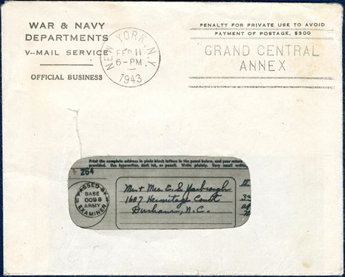 Processed “V-MAIL” letter sent from APO 860 (Reykjavik), stamped “Passed by US BASE EXAMINER 0098”, dated 30 Dec. 1942, sent to Durham, NC, with envelope stamped New York Feb 11, 1943.