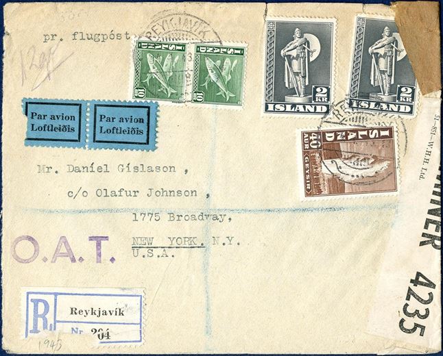 Registered OAT letter sent from Reykjavik to NY, New York 11 January 1943, bearing a total postage of 460 aur. Airmail surcharge to the US, New York, 2x180 aur = 360 aur, plus 60 aur letter rate up to 20 gram and 60 aur registration fee, 480 aur. Apparently underfranked by 20 aur. Small imperfections.