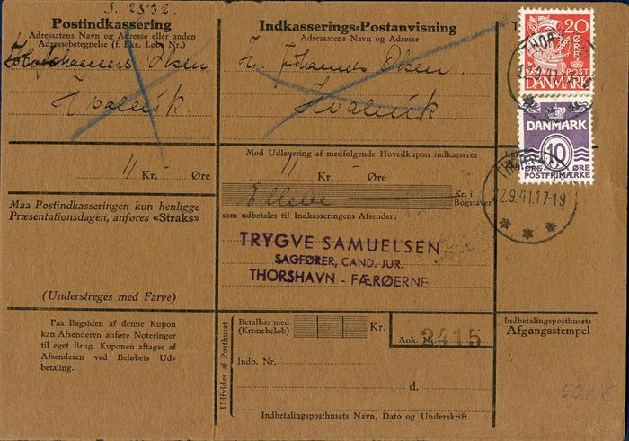 Postal Money Order for 11 Kr. sent from Thorshavn to Hvalvik 22 September 1941, total postage 30 øre.