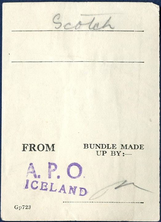 Mail sorting label used with the British Forces in Iceland, stamped “A.P.O.” “ICELAND”. Rare.