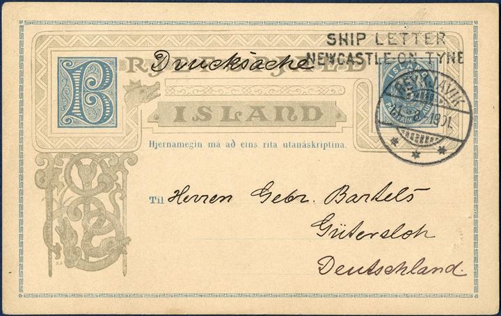 5 aur BRJEFSPJALD sent as printed matter from Reykjavik to Gütersloh, Germany 21 August 1901. Transit mark Newcastle “SHIP LETTER - NEWCASTLE-ON-TYNE” stamped on front.