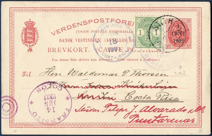 Provisional postcard 1/3 c. 1902 with additional franking 1 cent Arms type tied by St. Thomas cds June 10, 1903 to Costa Rica to make up the 2 cents rate for UPU postcards. Transit via Colon, Panama and readdressed in Costa Rica. A very unusual destionation.