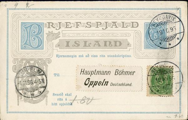 5 aur BRJEFSPJALD unsevered REPLY CARD sent from Reykjavik to Oppeln, Germany 19 October 1896, with additional franking 5 aur perf 14 x 13 1/2.