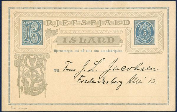 5 aur BRJEFSPJALD with ornamental frame for photograph affixed on reverse. Card with greetings on reverse and dated Reykjavik 12 February 1899, and addressee filled out on the front, but apparently not processed for mail service. Very unusual card.