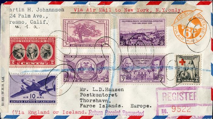A.R. Registered air mail letter sent from Fresno CA to Thorshavn 3 April 1942, stamped “Return Receipt Requested” and censortape P.C. 90 - Examiner 7318, 51-851-W.H.H. Ltd.