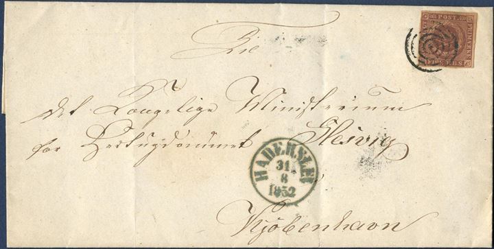 Ferslew printing 4 RBS, plate I-41 on letter from Haderslev to Copenhagen. Mute cancellation tying the stamp alongside bluish green Haderslev mark dated August 31, 1852.