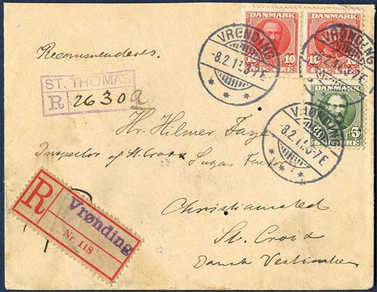 Registered letter sent from Vrønding, Denmark to Christiansted, St. Croix 8 February 1911. At St. Thomas received an incoming registration mark “ST. THOMAS R - 2630” and St. Thomas and Christiansted marks on reverse. With registration mark on incoming mail an interesting postal proof of handling locally.