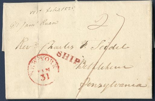 Entire sent from St. Croix 4 October 1824 to Bethlehem, Pensylvania. Stamped “SHIP” in red and 1-ring CDS “NEW YORK Jan 31”. Charged 27 cents ?